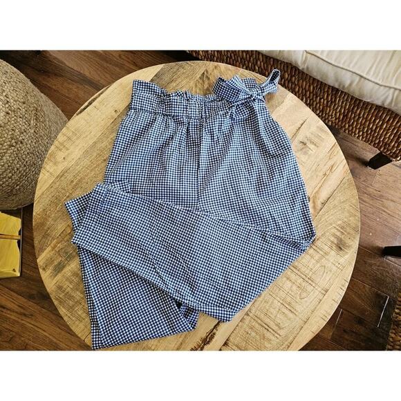 Zara Basic Blue & White Gingham High Rise Paperbag Tie Waist Trouser. Size S - Picture 2 of 10